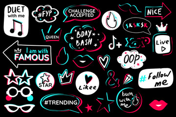 Black blue pink sticker pack black background. Youth teens party props. Modern music social media, birthday celebration design.  Vector graphic.