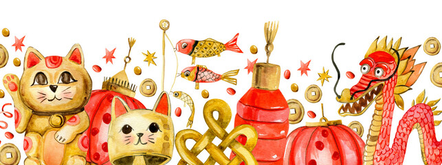 Chinese new year frame watercolor. Chinese new year card. Watercolor tradition chinese lantern background with copy space.  © Анна Султанова