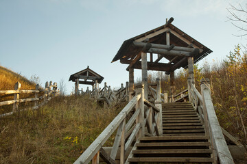 Fototapeta na wymiar Staircase at Levitan (Peter and Paul) mountain in Plyos. Ivanovo oblast. Russia