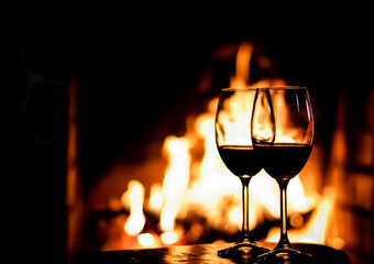 Obraz na płótnie Canvas Two glasses of red wine on the background of fireplace lights