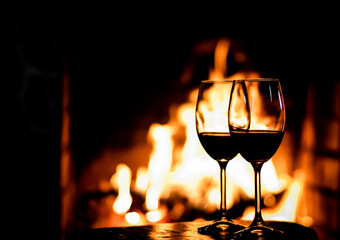 Two glasses of red wine on the background of fireplace lights
