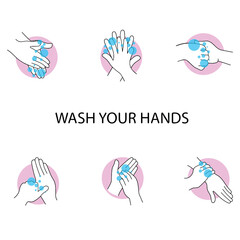 set of symbols. Vector illustrations of hand washing with water soap on palms
