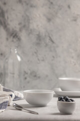 Empty white bowl on a light background. Blank space for text, recipe, insert.