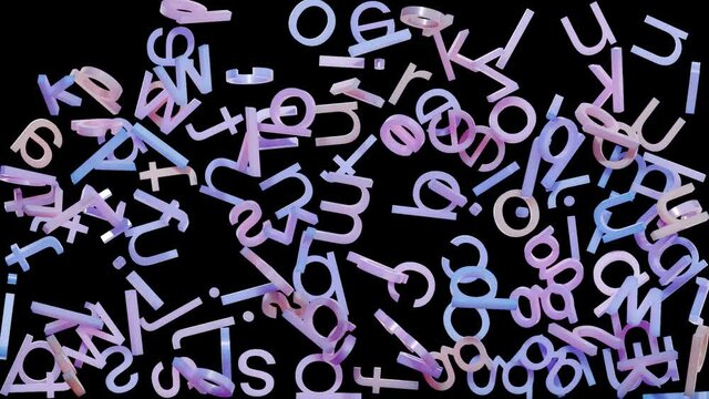 Messed alphabet letters falling and bouncing on empty background. 30 fps - Alpha Channel - Prores 4444.