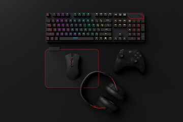 Top view of gamer workspace and gear like mouse, keyboard, joystick, headset, VR © Vasyl Onyskiv