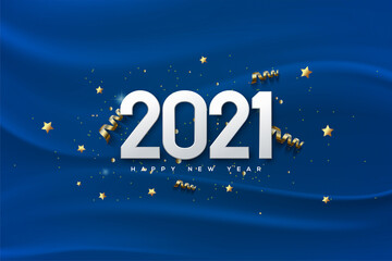 2021 happy new year background with 3d on blue cloth background.