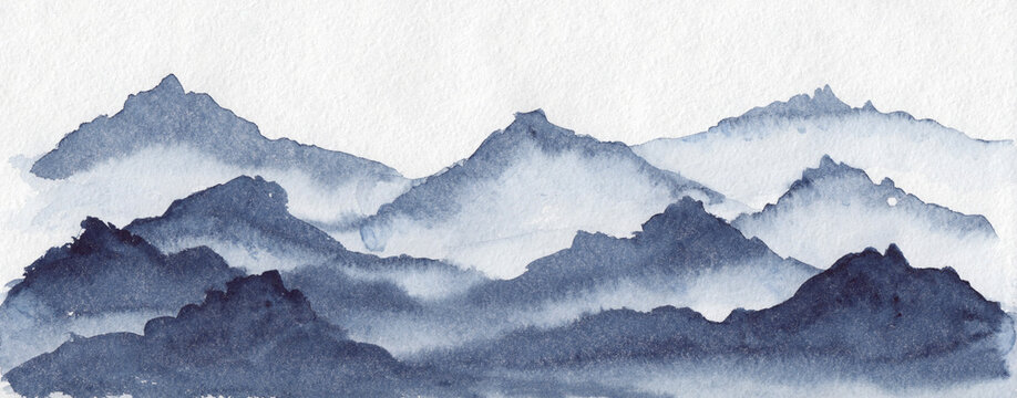 Wide watercolor painting of mountains layers. Stock peaceful serene hand painted single color landscape.Use for relaxation, meditation, restoration, decoration, site footer or background.