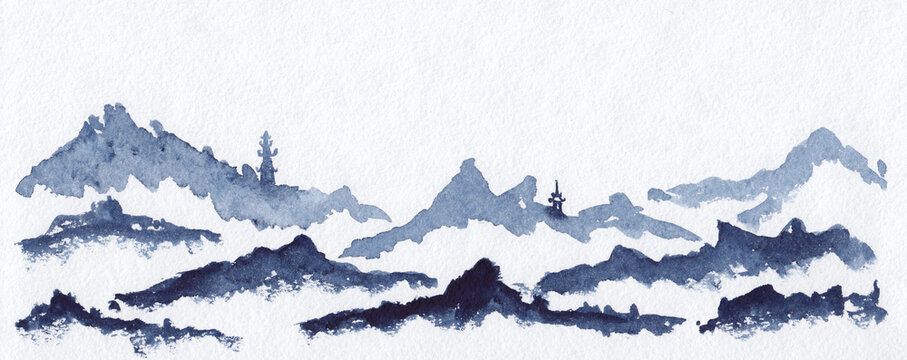Stock watercolor painting of wide Asian mountains scenery with orintal buildings. Peaceful serene hand drawn oriental landscape with rocks layers. Concept for relax, restore,  meditation, site footer