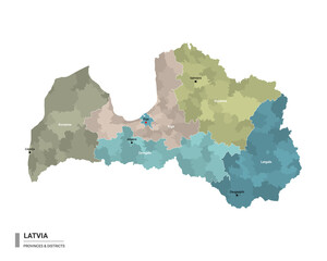 Latvia higt detailed map with subdivisions. Administrative map of Latvia with districts and cities name, colored by states and administrative districts. Vector illustration.