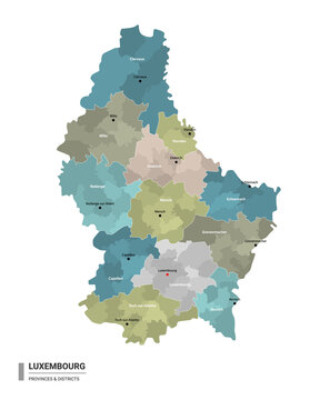 Luxembourg higt detailed map with subdivisions. Administrative map of Luxembourg with districts and cities name, colored by states and administrative districts. Vector illustration.