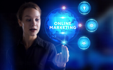 Business, Technology, Internet and network concept. Young businessman working on a virtual screen of the future and sees the inscription: Online marketing