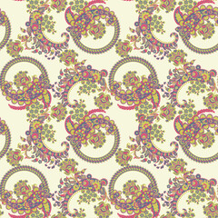 Paisley vector seamless pattern. Fantastic flower, leaves. Batik style painting. Vintage background