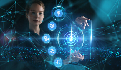 Business, Technology, Internet and network concept. Young businessman working on a virtual screen of the future and sees the inscription: