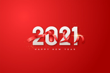 Fototapeta na wymiar 2021 happy new year with white numbers and a red ribbon covering the numbers.