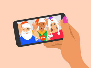 Christmas and New Year celebration together with friends video call. Young people in costumes congratulate each other using online videoconference app on phone. Virtual party cartoon illustration