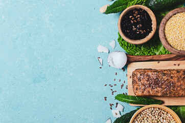 AntiAge food on color texture background. Detox and gluten free diet concept. Foods rich of  vitamins, minerals and antioxidants,flavonoids. 
