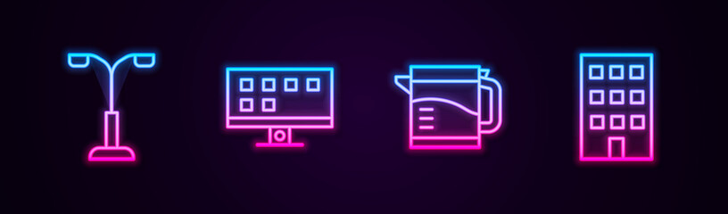 Set line Street light, Smart Tv, Electric kettle and House. Glowing neon icon. Vector.
