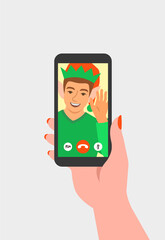 Christmas, New Year celebration together with friend video call. Young man in Christmas elf costume congratulates his friend by online videoconference app on phone. Virtual party cartoon illustration