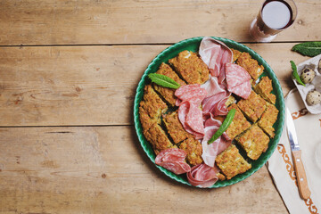 Freshly baked  cheese salt cake with ham, traditional Italian Easter food.
