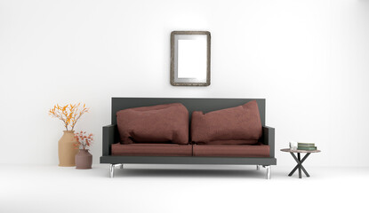 Interior with sofa and plants with white wall background. 3D rendering.