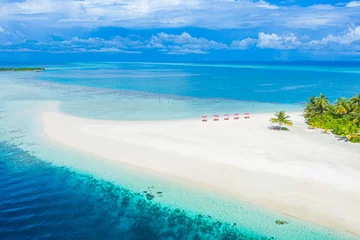 Foto op Canvas Aerial photo of beautiful Maldives paradise tropical beach. Amazing view, blue turquoise lagoon water, palm trees and white sandy beach. Luxury travel vacation destination. Sunny aerial landscape  © icemanphotos