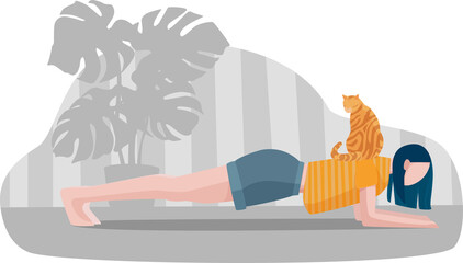 Obraz premium The girl is standing in the plank position, and the cat jumped on her back. Home sports. Vector illustration.