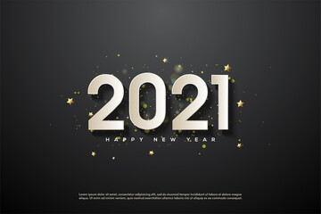 2021 happy new year with white numbers with 3d gold stripes