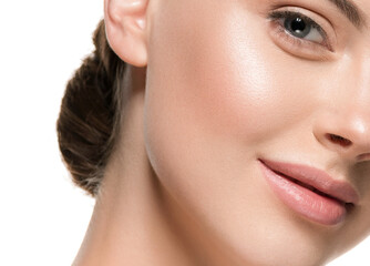 Obraz premium Beautiful woman face with healthy clean beauty skin close up