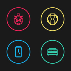 Set line Alarm clock app mobile, Digital alarm, Old hourglass and Stopwatch 24 hours icon. Vector.