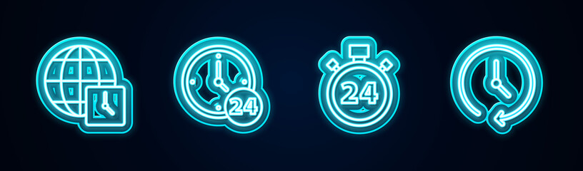 Set line World time, Clock 24 hours, Stopwatch and . Glowing neon icon. Vector.