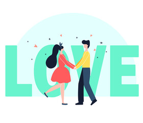 Valentine's Day. girl hugs a guy. couple in love hold a heart. vector in cartoon style