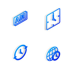 Set Isometric line Clock, AM, and World time icon. Vector.