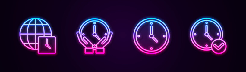 Set line World time, Clock, and . Glowing neon icon. Vector.