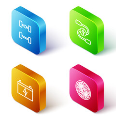 Set Isometric line Chassis car, Car battery jumper power cable, and Alloy wheel icon. Vector.