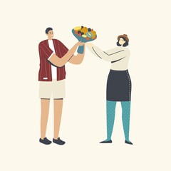 Fototapeta premium Unusual Sweet Present. Man Giving Tasty Gift to Woman, Female Character Taking Edible Bouquets for Dating or Holidays