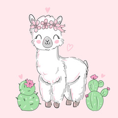Obraz na płótnie Canvas Hand Drawn Cute Alpaca, Llama and flowers Vector Illustration