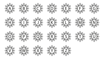 Snowflake alphabet letters, monograms, vector illustration, ideal for cutting. .