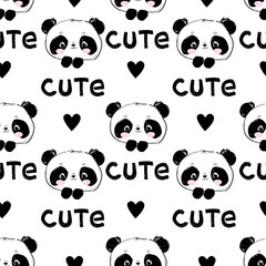 Hand drawn cute panda and heart seamless pattern background vector