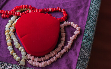 Set of mineral stones as amethyst, rhinestone, coral, lapis lazuli , woman accessorize