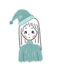 illustration of drawing cute cartoon girl in the winter warm clothing on a white background