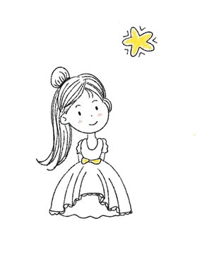 illustration of drawing cute cartoon girl in the beautiful dress looking star on a white background