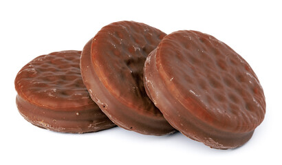 Chocolate cookies in glaze isolated on white background