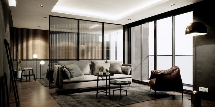 room mock up in modern style interior with furniture. contemporary apartment interior design. 3D illustration.