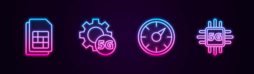 Set line Sim card, Setting 5G network, Digital speed meter and Processor. Glowing neon icon. Vector.