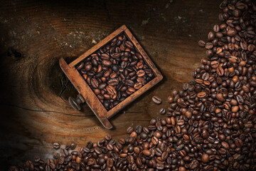 Closeup of roasted coffee beans in a small wooden drawer of a coffee grinder on a wooden table with many coffee beans.
