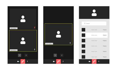 Video conference mobile user interface with chat, video conference calls window overlay.