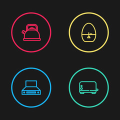 Set line Kitchen extractor fan, Toaster, timer and Kettle with handle icon. Vector.