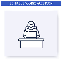 Office robot line icon. Robotization. Artificial intelligence. Smart emerging technologies. Contemporary office. Futuristic workspace innovations concept. Isolated vector illustration.Editable stroke 