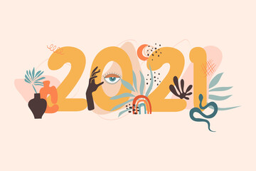 New year 2021 greeting card in pastel colors. Boho drawing abstract with evil eye, leaf, rainbow, hand magic, moon, snake, pottery. Template for New 2021 Year, gift tag, calendar, Stickers, Invitation