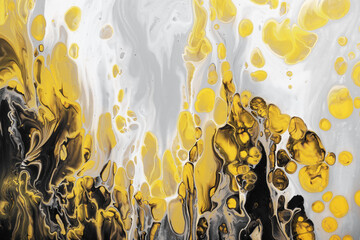 Trendfarben von 2021. Grauer Farbfluss mit gelben Blasentropfen. Marmoreffekthintergrund oder -beschaffenheit. Flüssige Kunst © colnihko
